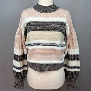 MM by My Michelle Sweater XS Long Blouson Puff Sleeves Pink Black Cream Stripes